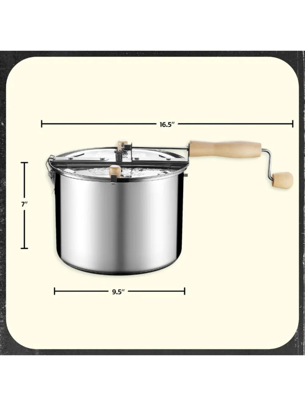 Stainless Steel Stovetop Popcorn Maker - 6.5 Quart, Hand Crank, Vented Lid